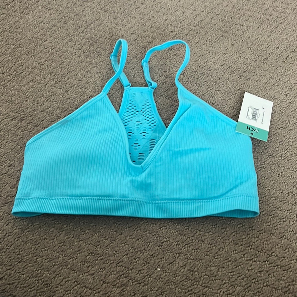 Light blue racer, back sports bra, soft new with tags
